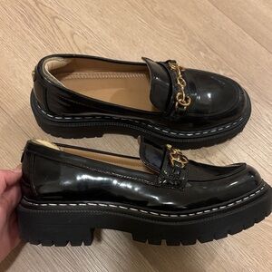 Sam Edelman Black Patent Leather Platform Loafers with Gold Chain